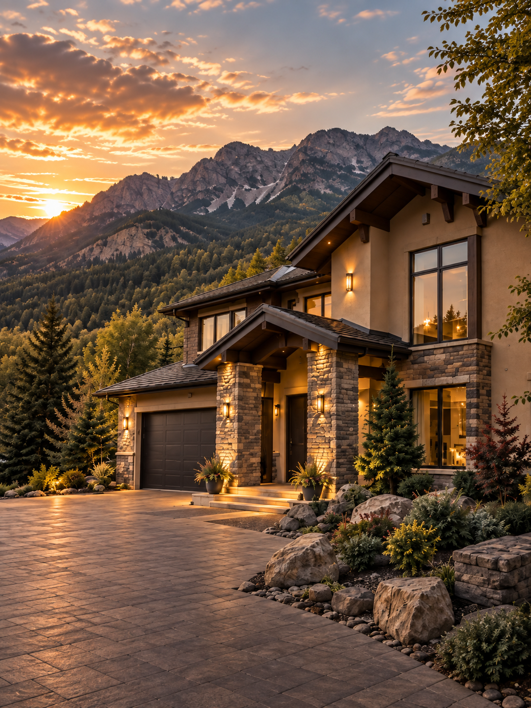 A modern mountain-style stucco and stone home at sunset, with the Rocky Mountains rising behind it
