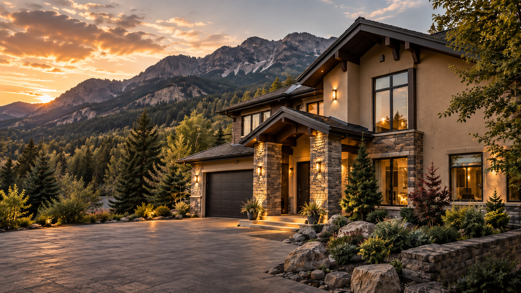 A modern mountain-style stucco and stone home at sunset, with the Rocky Mountains rising behind it